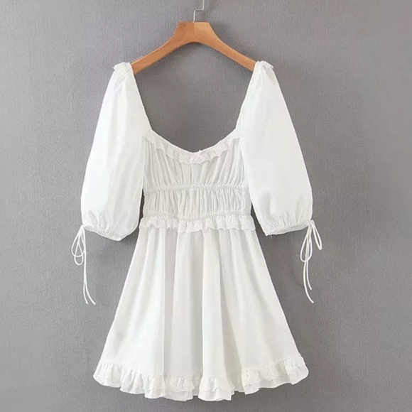 White Puff Sleeve Square Neck Dress with Lace and Ruffle Detail - Picture 7 of 16